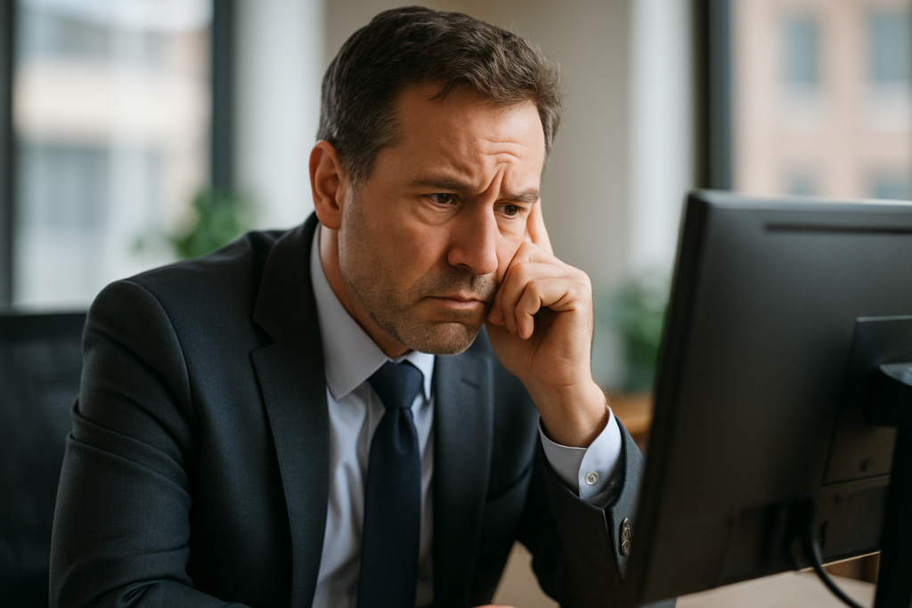 Photographic concerned business owner looking at computer